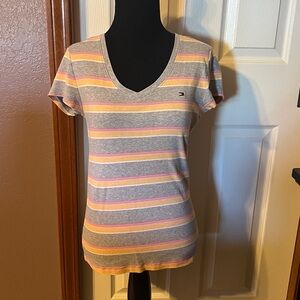 Tommy Hilfiger Striped Gray and Orange V-Neck T-Shirt